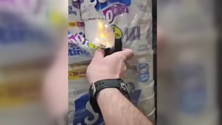 Video shows a person purposely starting fires at the Kimberly-Clark Corporation warehouse in Ontario on Tuesday, April 6, 2026.