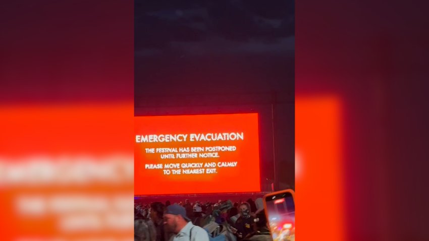 The "emergency evacuation" notice on the screen of a stage at Stagecoach on Saturday, April 25, 2026.