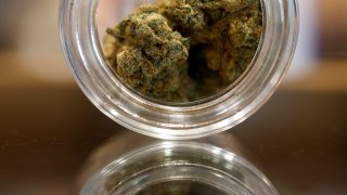 Marijuana flower is displayed in a jar at California Street Cannabis Company on Aug. 11, 2025, in San Francisco.