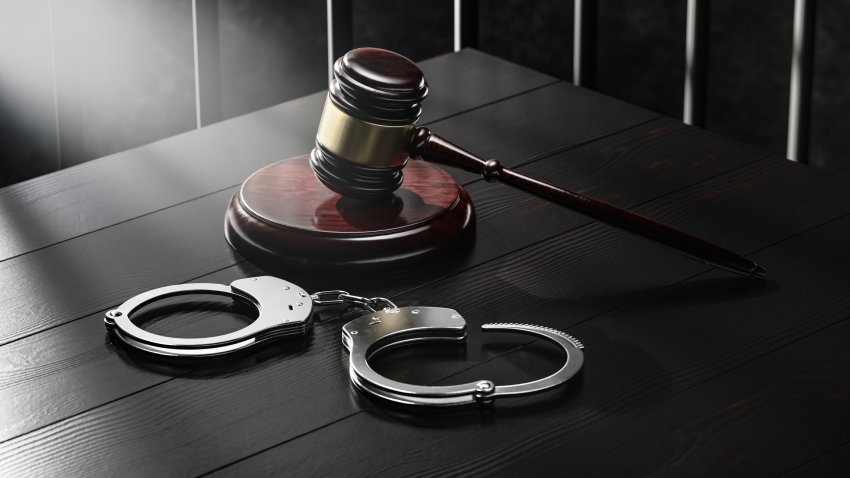 Law Legal System Justice Crime concept. Mallet Gavel Hammer and Handcuffs on black background. 3d Render illustration.