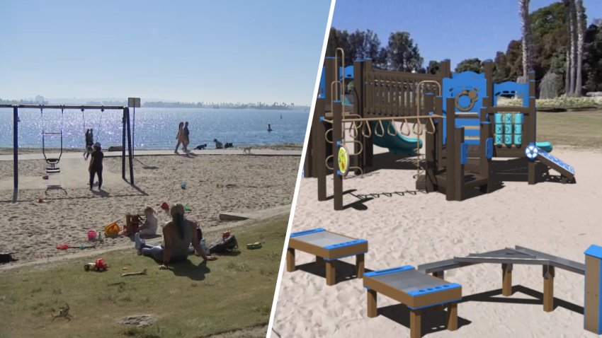 Left: Fanuel Street Park in 2024. Right: rendering of the renovated playground.