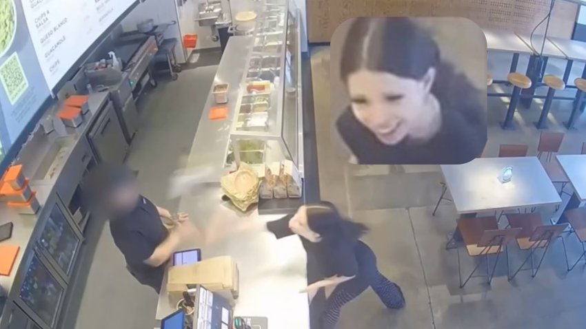 Police are searching for the woman who threw food at a Chipotle employee in Santa Ana on May 12, 2026.