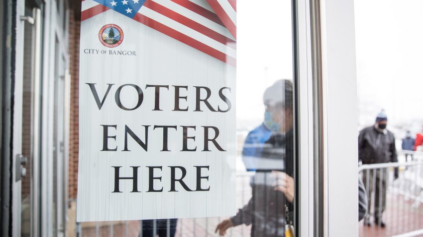 BANGOR, ME – NOVEMBER 03: Signage directing voters at a polling location on November 3, 2020 in Bangor, Maine.  After a record-breaking early voting turnout, Americans head to the polls on the last day to cast their vote for incumbent U.S. President Donald Trump or Democratic nominee Joe Biden in the 2020 presidential election.  (Photo by Scott Eisen/Getty Images)