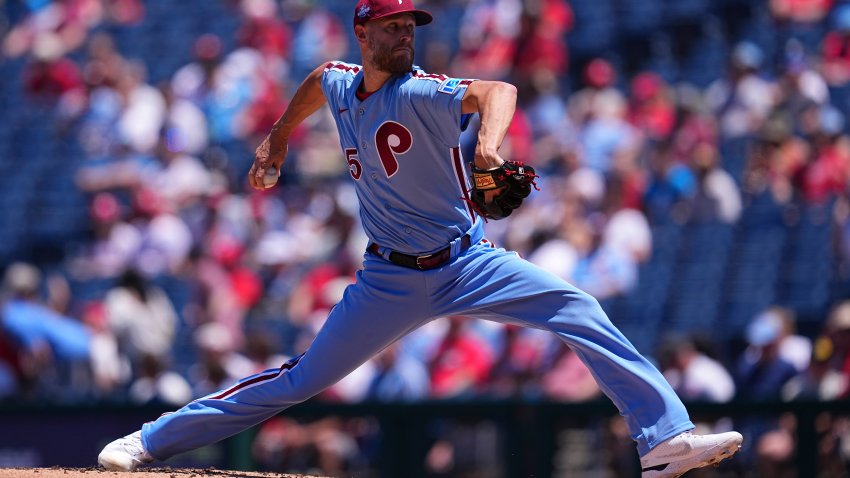 PHILADELPHIA, PENNSYLVANIA – JUNE 4: Zack Wheeler #45 of the Philadelphia Phillies throws a pitch in the top of the first inning against the San Diego Padres at Citizens Bank Park on June 4, 2026 in Philadelphia, Pennsylvania. (Photo by Mitchell Leff/Getty Images)