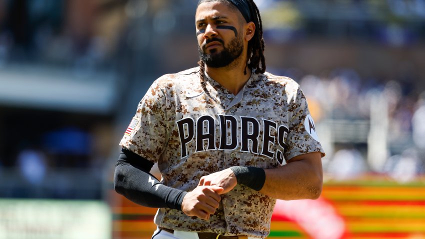 SAN DIEGO, CALIFORNIA – JUNE 28: Fernando Tatis Jr. #23 of the San Diego Padres holds his hand after being hit by a pitch in the fifth inning against the Los Angeles Dodgers at Petco Park on June 28, 2026 in San Diego, California. (Photo by Meg McLaughlin/Getty Images)