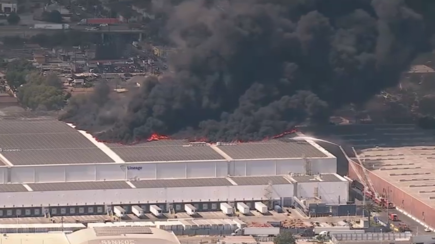 A fire burns June 17, 2026 in Boyle Heights.