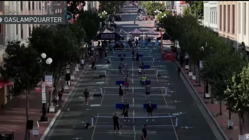 Pickleball players enjoy a game in the Gaslamp Quarter on Fifth Avenue for Urban Pickleball.