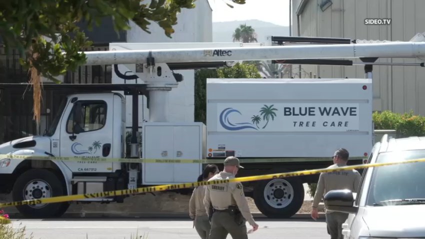 San Diego County Sheriff's deputies arrive at the scene of a tree-trimming truck theft attempt that turned deadly in San Marcos on July 18, 2026 (SIDEO.TV)