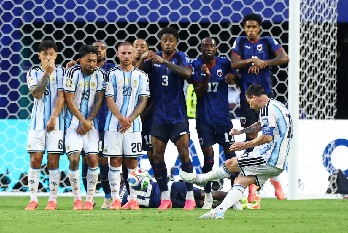 Argentina's Lionel Messi shoots a free kick against Cape Verde in their 2026 World Cup Round of 32 match on Friday, July 3, 2026.