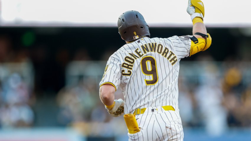 Jul 7, 2026; San Diego, California, USA; San Diego Padres first baseman Jake Cronenworth (9) celebrates after hitting a three-run home run during the first inning against the Arizona Diamondbacks at Petco Park. Mandatory Credit: David Frerker-Imagn Images
