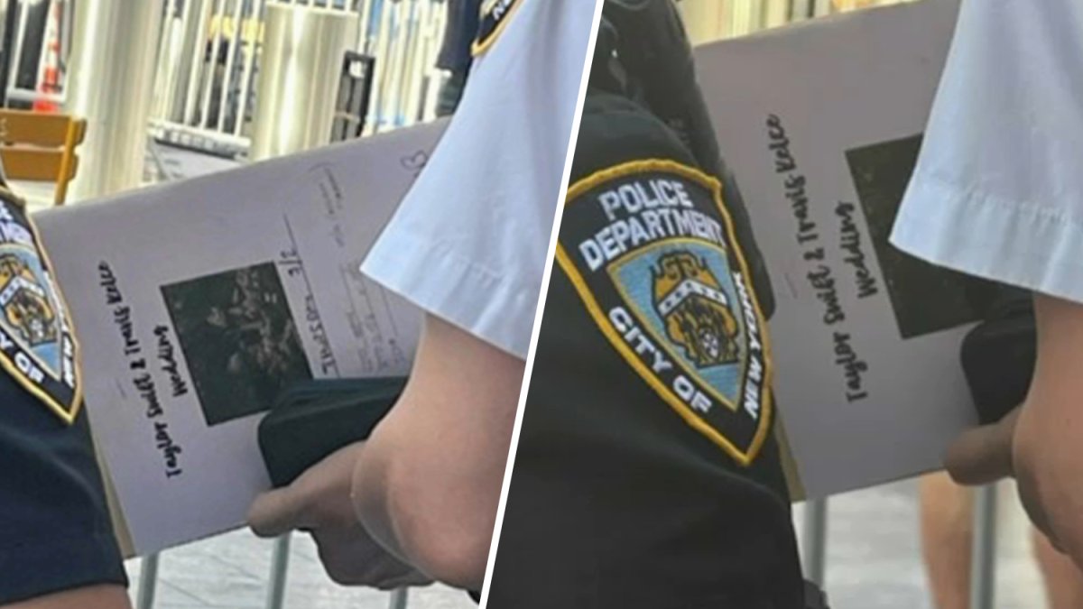 Photo shows officer with 'Taylor Swift & Travis Kelce wedding' folder outside MSG