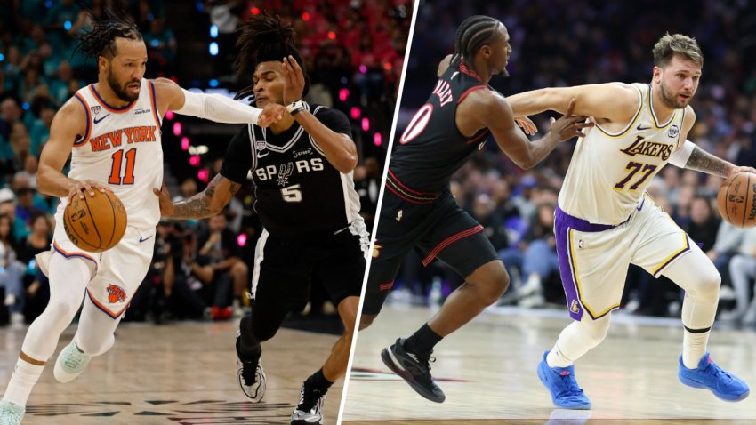 Split image of Jalen Brunson/Stephon Castle and Tyrese Maxey/Luka Doncic