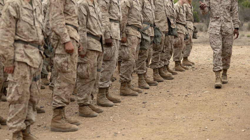 U.S. Marine Corps recruits prior to participating in a confidence chamber event at Marine Corps Base Camp Pendleton, California, July 27, 2026. The confidence chamber trains recruits on how to properly use the M50 gas mask, respond to potential chemical and biological threats, and have trust and confidence in their issued gear.