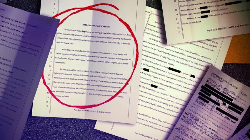 This graphic displays documents connected to a affidavit search warrant written by San Pasqual Tribal Police's Christopher Palomares, which included false information about his credentials.