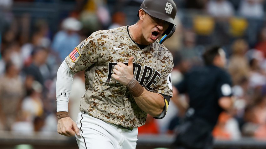 SAN DIEGO, CALIFORNIA – AUGUST 9: Austin Hays #15 of the San Diego Padres celebrates a two-run home run against the Houston Astros during the eighth inning at Petco Park on August 9, 2026 in San Diego, California. (Photo by Meg McLaughlin/Getty Images)