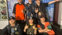 Japanese boy band Be:First poses for a group photo after a press interview at the Head in the Clouds festival at the Rose Bowl in Pasadena, California, on Aug. 8, 2026. (NBC 7 San Diego)