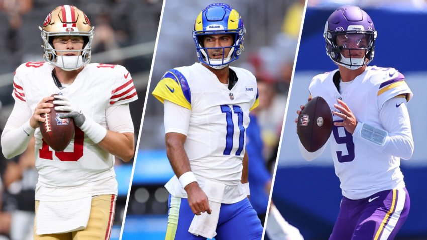 Split image of Mac Jones, Jimmy Garoppolo and J.J. McCarthy