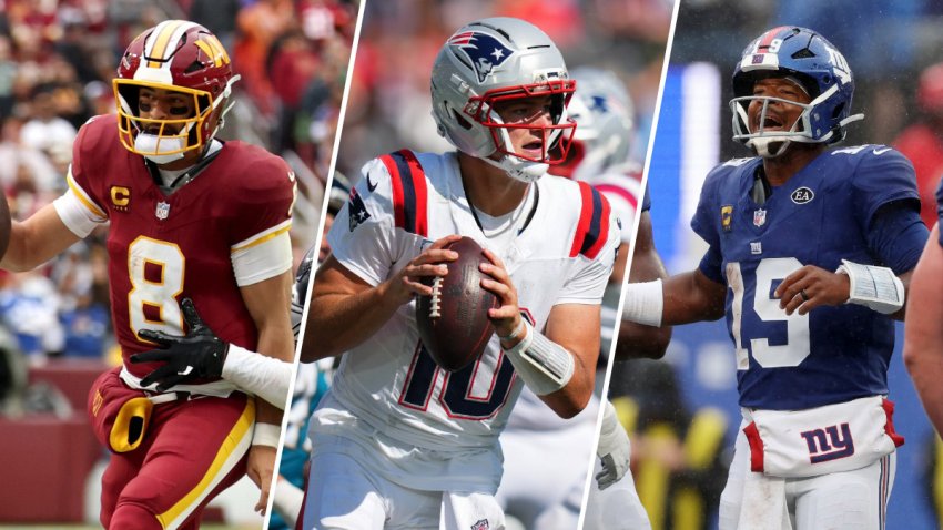 Split image of Marcus Mariota, Drake Maye and Jameis Winston