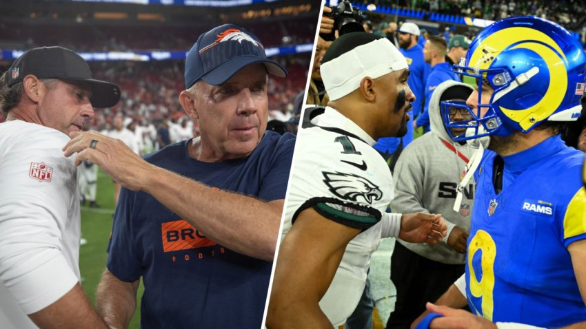 Split image of Kyle Shanahan/Sean Payton and Jalen Hurts/Matthew Stafford