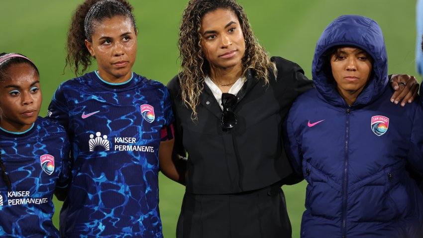 SAN DIEGO, CALIFORNIA – MARCH 28: Kennedy Wesley #2 of San Diego Wave FC and Catarina Macario celebrate the victory after  the NWSL match between San Diego Wave FC and Chicago Stars FC at Snapdragon Stadium on March 28, 2026 in San Diego, California. (Photo by Luke Hales/NWSL via Getty Images)