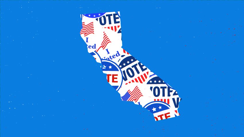 California Map Filled with Patriotic Vote Graphics on Blue