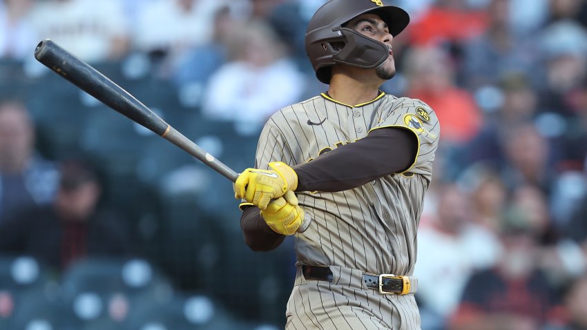 SAN FRANCISCO, CALIFORNIA – SEPTEMBER 13: Ethan Salas #8 of the San Diego Padres hits a triple in the top of the fourth inning against the San Francisco Giants at Oracle Park on September 13, 2026 in San Francisco, California. (Photo by Lachlan Cunningham/Getty Images)