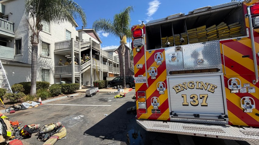 A fire truck at the scene of an apartment complex fire on Sept. 9, 2026.