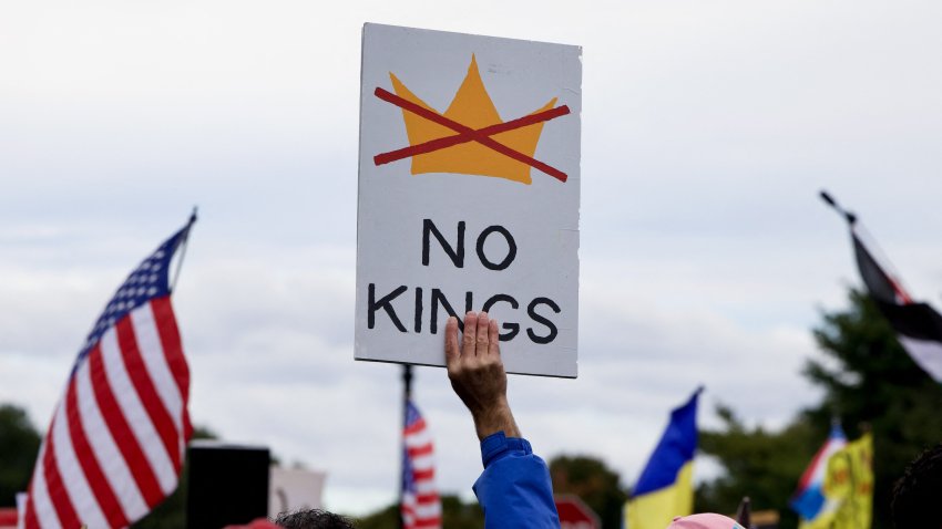 Demonstrators take part in a "No Kings: Vote Early" rally near Memorial Circle in Arlington, Virginia, on October 17, 2026.