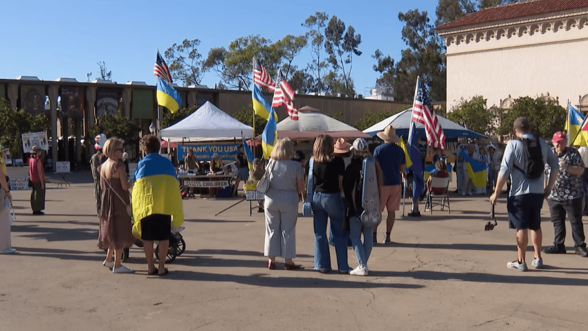 A group of protestors gather in Balboa Park.