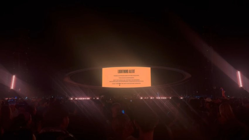 A "lightning alert" appears on a screen at Head Trip Festival in Indio on Saturday, Oct. 10, 2026.